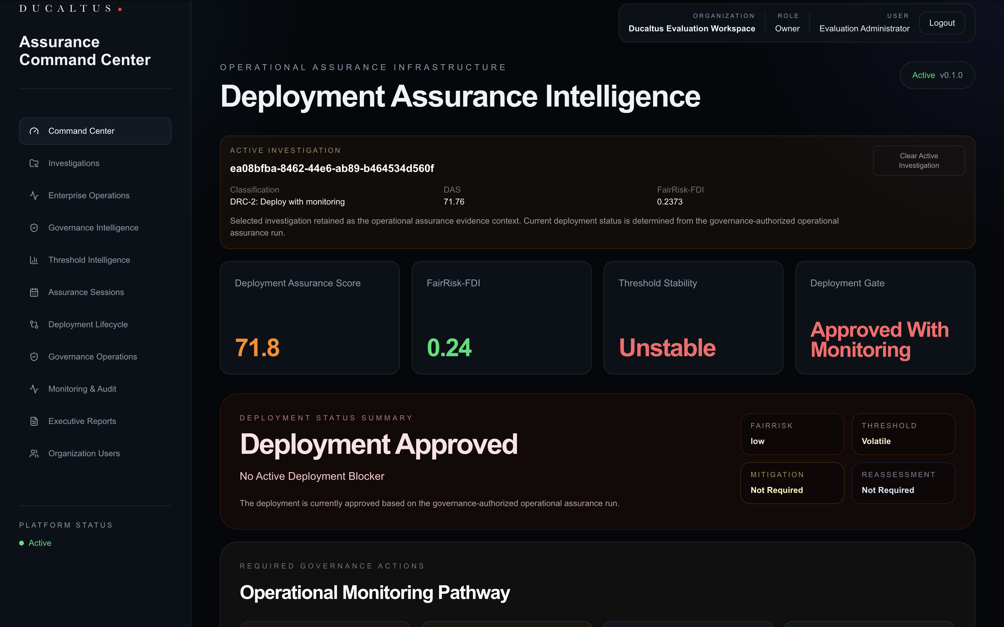 Ducaltus Command Center showing deployment assurance intelligence and governance posture