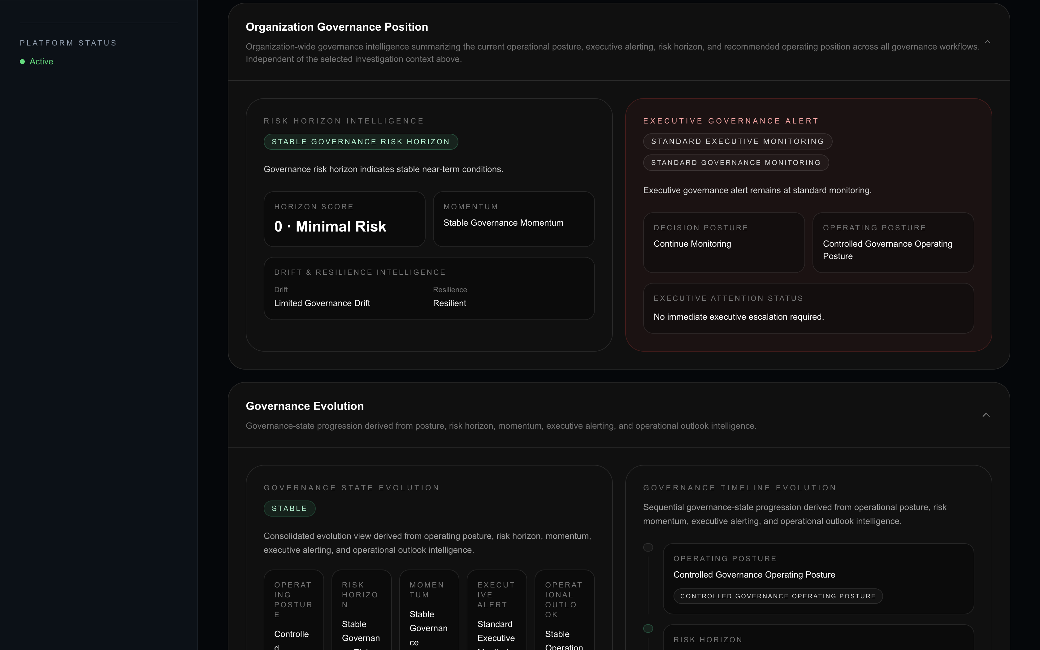 Ducaltus Governance Intelligence showing organisation governance position