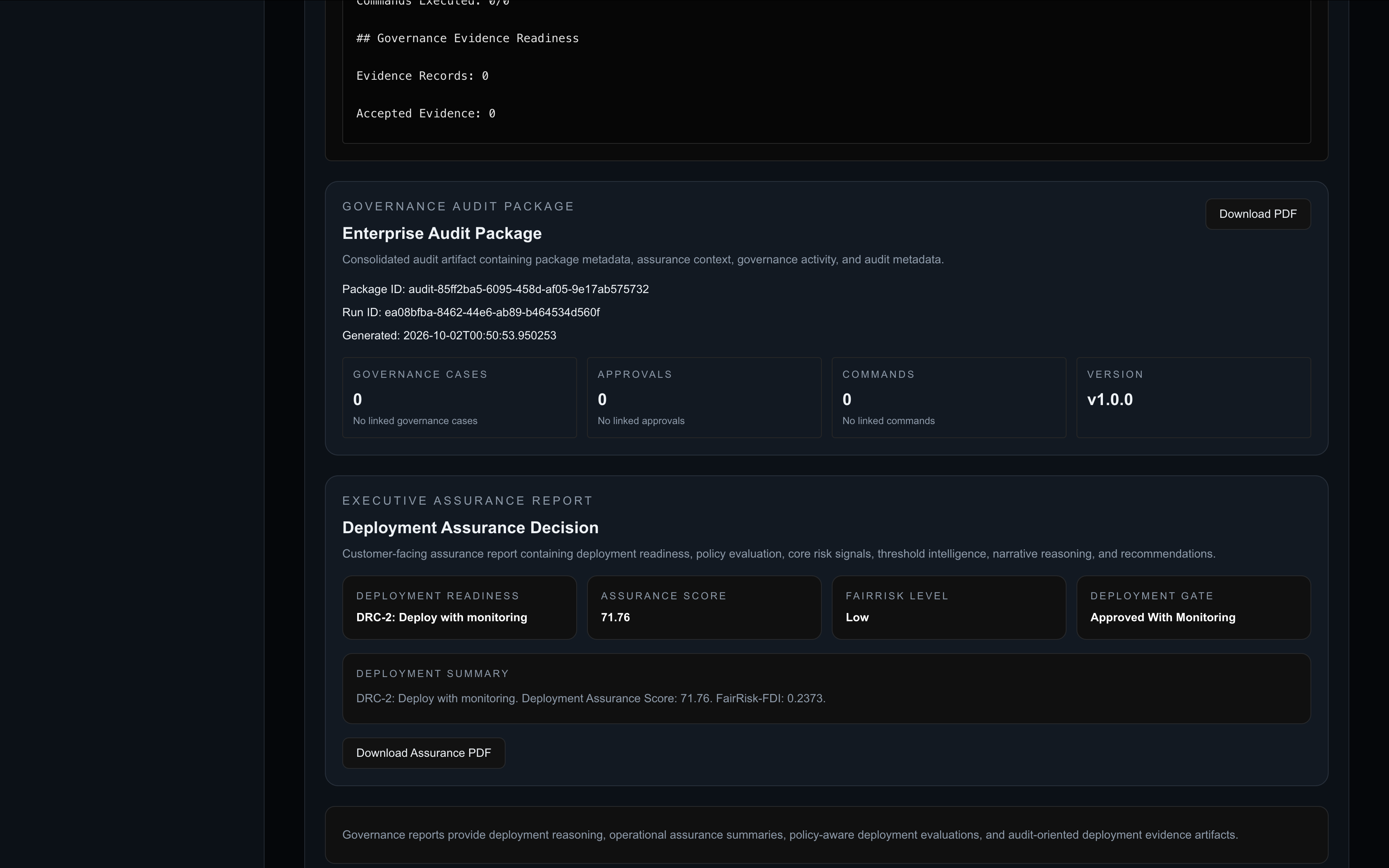 Ducaltus Executive Reports showing an audit package and deployment assurance decision